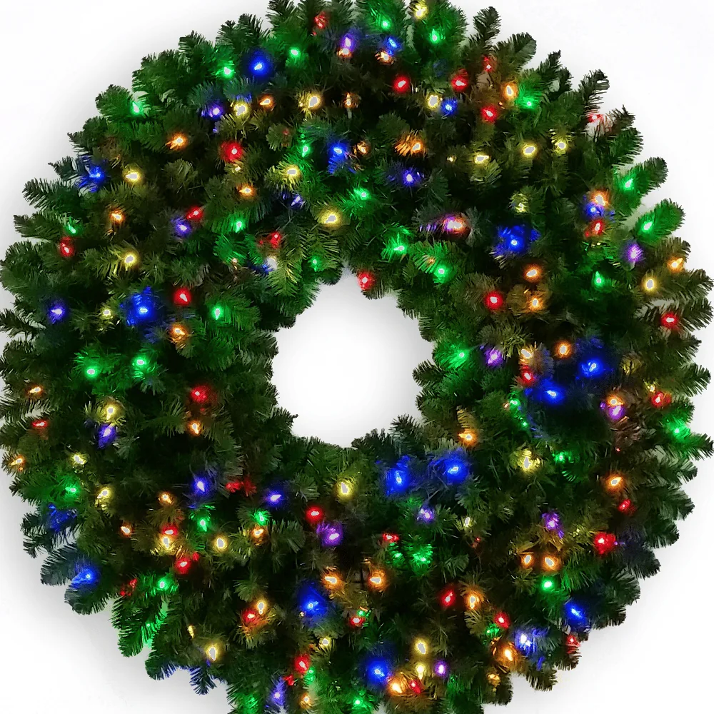 Commercial-grade mixed pine wreath with multicolor LED lights